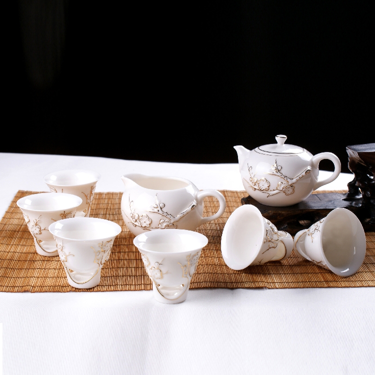 瓷语堂/德化白瓷描金茶具华达品牌红茶普洱8头浮雕梅花李甲栈大师