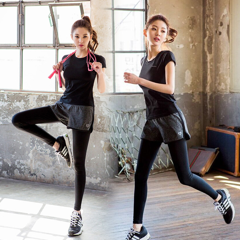 韩版假两件瑜伽服跑步裤健身裤运动装女紧身健