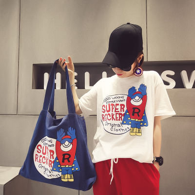 韩版字母印花黄白条纹破洞宽松短袖T恤体恤女