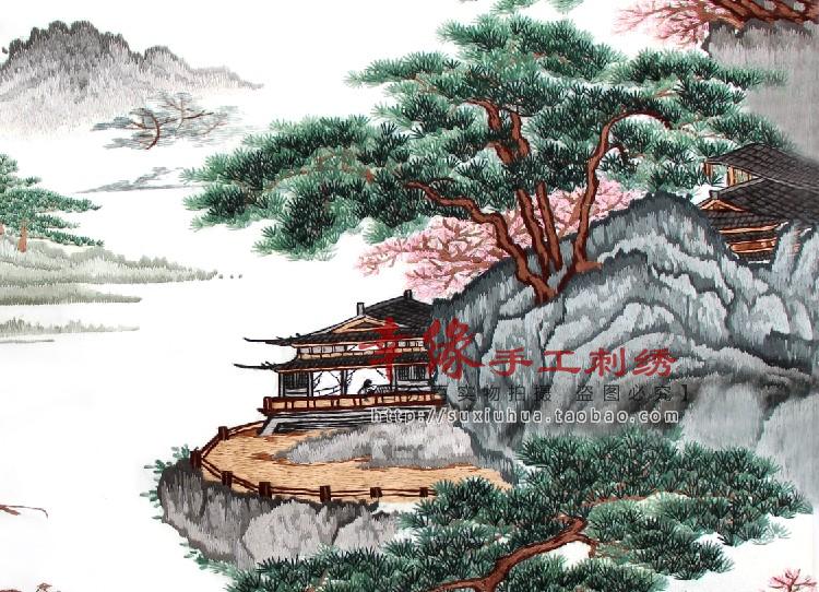 手工刺绣苏绣青山绿水画成品 古代风景装饰画书房客厅
