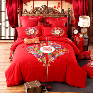 家纺婚庆四件套贡缎提花刺绣床上用品大红结婚绣花多件套1.8m床