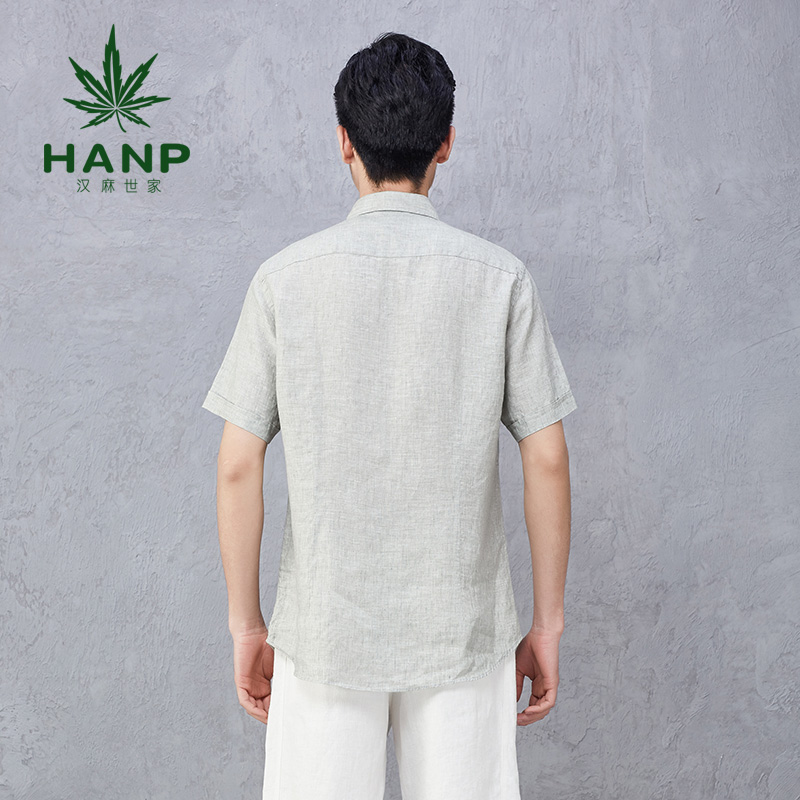 hanp/汉麻世家修身款男士棉麻衬衫 时尚英伦短袖衬衣男亚麻布衬衫