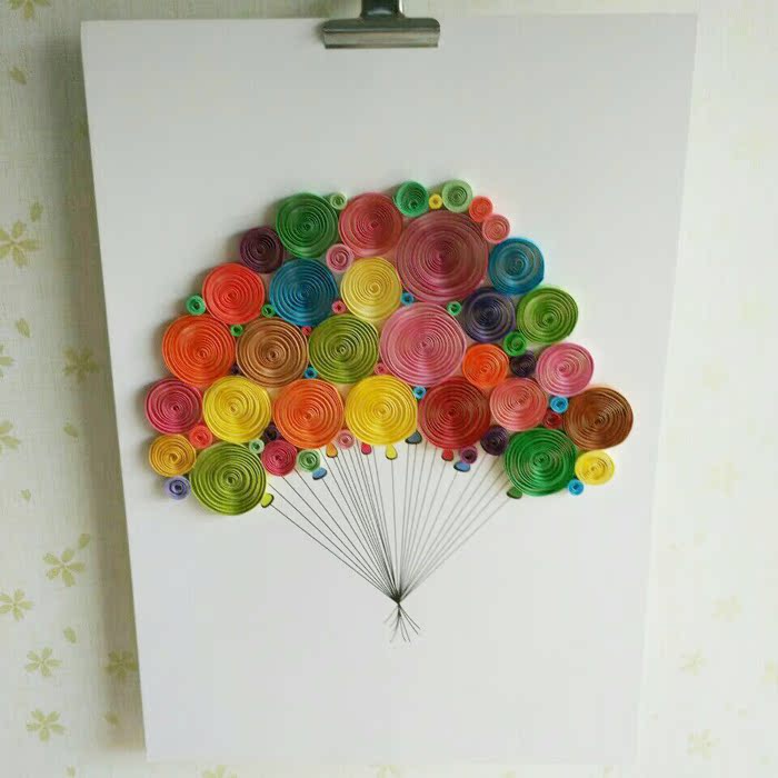 儿童学生孩子手工作业衍纸画成品装饰画彩纸条拼贴彩色气球创意画