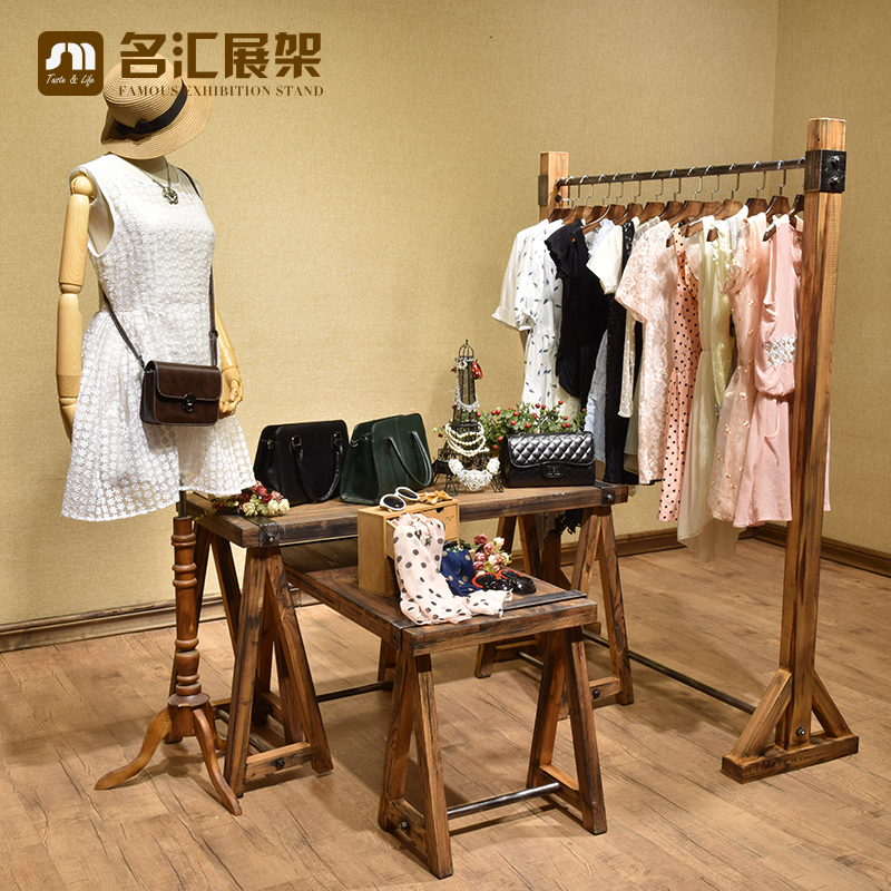 服装店衣架展示架木质高低落地式中岛架复古展示台流水台包包鞋架