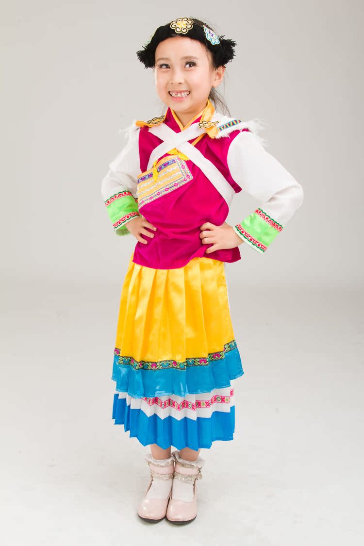 彩衣朵朵云南纳西族服装儿童舞蹈演出服表演服装长款女童装7240