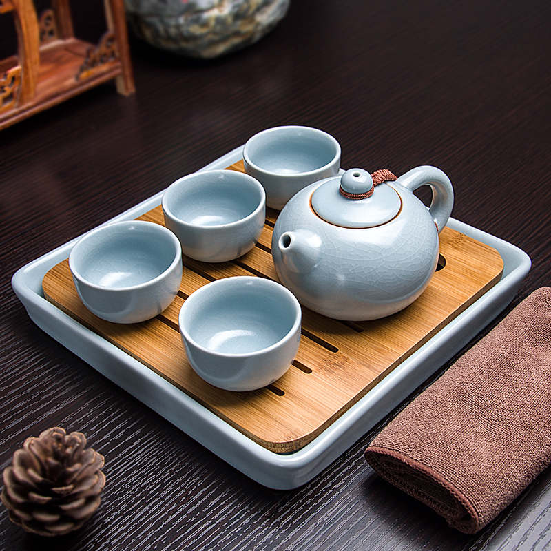 汝窑一壶四杯便携 旅行茶具 西施 提壶套装陶瓷高档方 圆形小茶盘