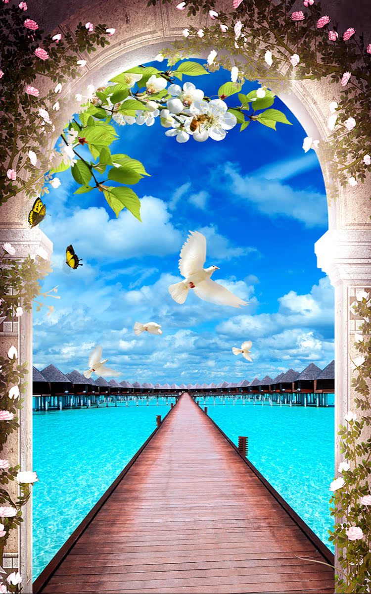 3d立体玄关过道走廊竖版时尚海边风光定制背景墙纸壁纸壁画