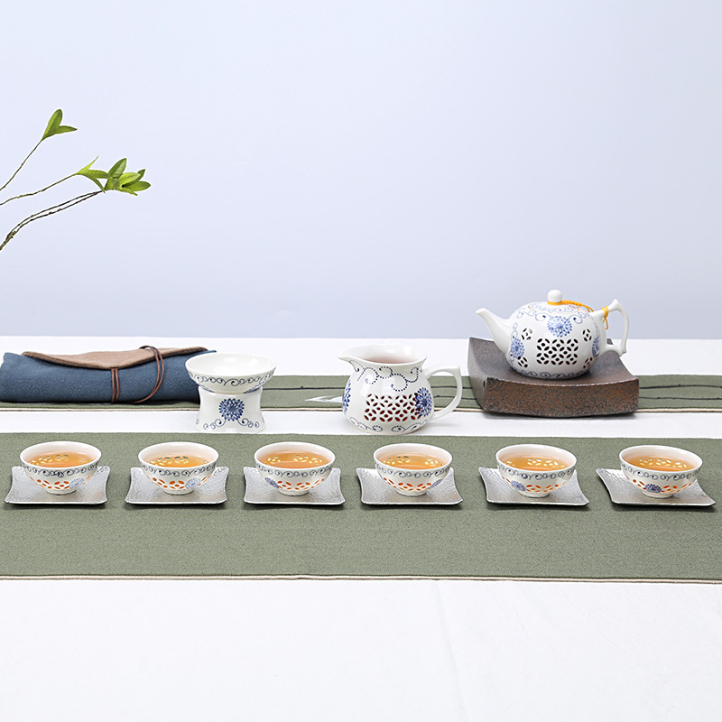 青花牡丹镂空水晶玲珑茶具陶瓷盖碗茶杯整套功夫家用红绿茶包邮