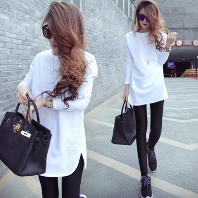 春秋冬季韩版宽松中长款打底衫加绒加厚白色长