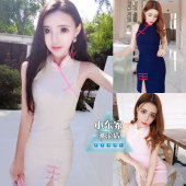 复古性感包臀背心旗袍修身 连衣裙女 拼色开叉无袖 时尚 2017夏季新款