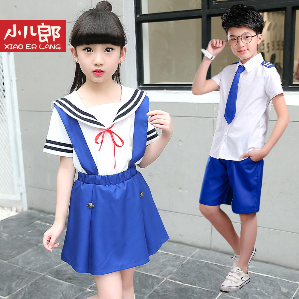 2017夏季背带裙男女童小学生校服海军风短袖衬衫幼儿园服两件套装