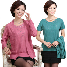 春秋新款<em>中老年</em>妈妈装女装<em>假</em>两件套毛衫女长袖