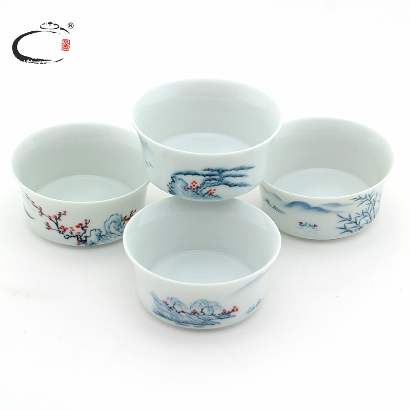 京德贵和祥青花山水平底杯组 景德镇手绘陶瓷功夫茶杯茶碗品茗杯