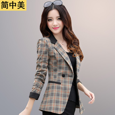 2015秋装新款格子女装韩版修身显瘦小西服春秋短款小西装女外套潮