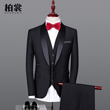 套装 黑色表演主持西服 修身 青果领新郎结婚西装 宴会礼服三件套男士