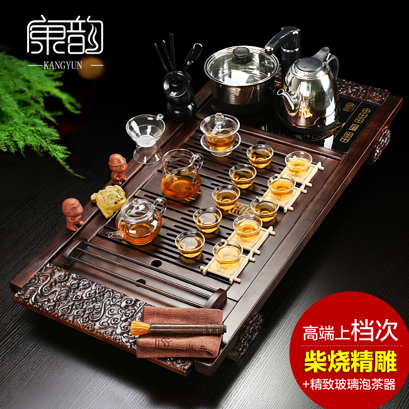 康韵 茶具套装特价玻璃茶具整套功夫茶具实木茶盘带电热炉四合一
