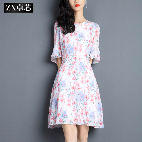 卓芯2017夏装新款喇叭袖重磅真丝连衣裙女夏修身显瘦印花中裙4780商品大图