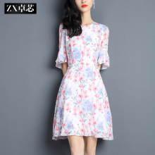 卓芯2017夏装新款喇叭袖重磅真丝连衣裙女夏修身显瘦印花中裙4780图片