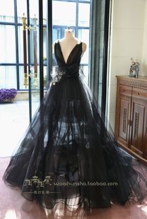 黑色半透影楼婚纱照写真舞台表演年会晚礼服深v性感露