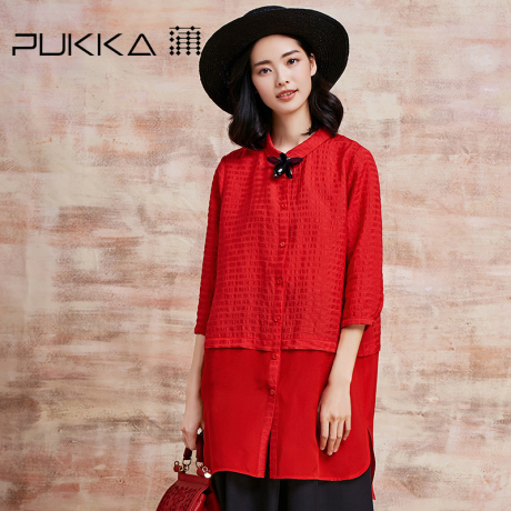 Pukka/蒲牌春装新款原创设计大码女装亚麻拼接真丝衬衫连衣裙商品大图