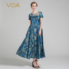 VOA蓝底杏花透视圆领短袖单排扣翻盖口袋色织真丝连衣裙ALX06601图片