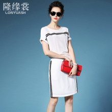 隆缘裳2016夏装新款女装简约气质OL蝙蝠袖修身显瘦真丝连衣裙8190图片
