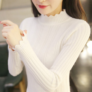 秋冬新款白色毛衣女装修身套头短款长袖半高领百搭加厚打底针织衫