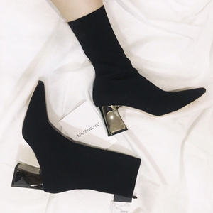 欧美尖头粗跟针织短靴