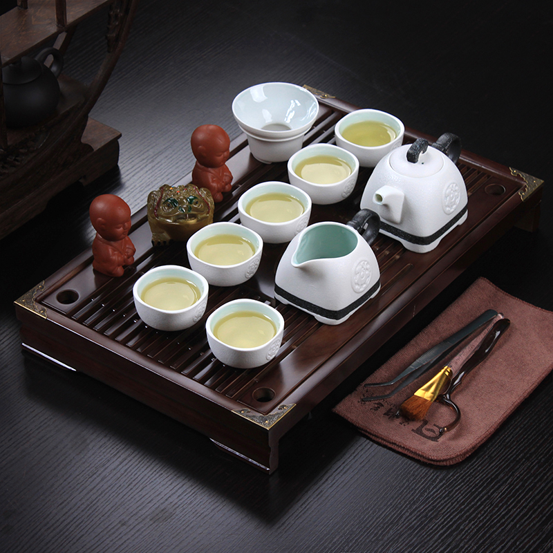 简易功夫茶具套装陶瓷雪花冰裂汝窑茶具茶盘实木整套入门初级茶海
