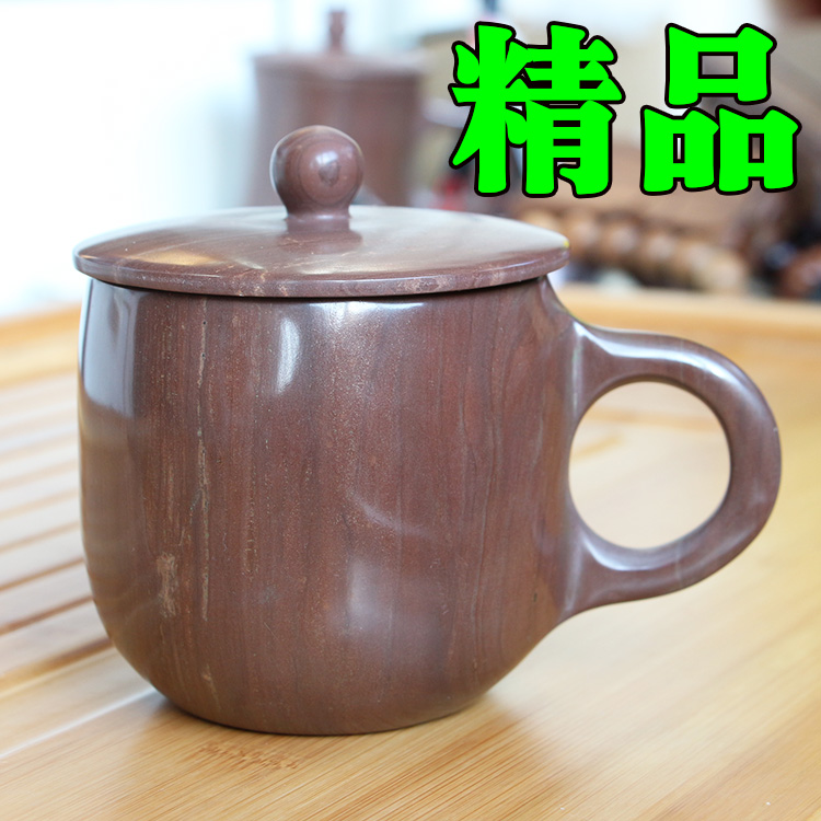 木鱼石杯子保健茶杯茶具水杯清仓正品无蜡纯天然大容量带盖