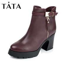 Tata 小牛皮放跟圆头女靴2I542DD5 他她冬季专柜同款 清仓