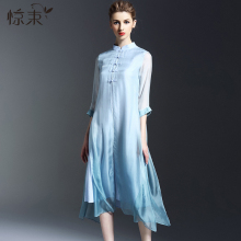 惊束春装新款复古中国风改良旗袍纯色中长裙真丝拼接假两件连衣裙图片