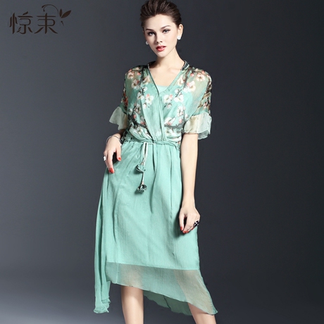 惊束夏新款女装欧美桑蚕丝连衣裙短袖V领系带印花真丝拼接中长裙商品大图
