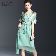 惊束夏新款女装欧美桑蚕丝连衣裙短袖V领系带印花真丝拼接中长裙图片