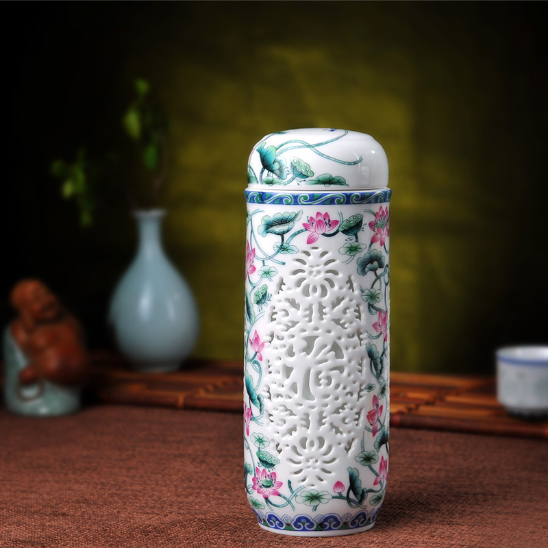 景德镇陶瓷保温茶杯男女士便携青花瓷内胆水杯养生杯公司礼品包邮