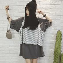 短袖 学生潮 t恤裙女夏宽松韩版 纯色大码 原宿条纹背心两件套中长款