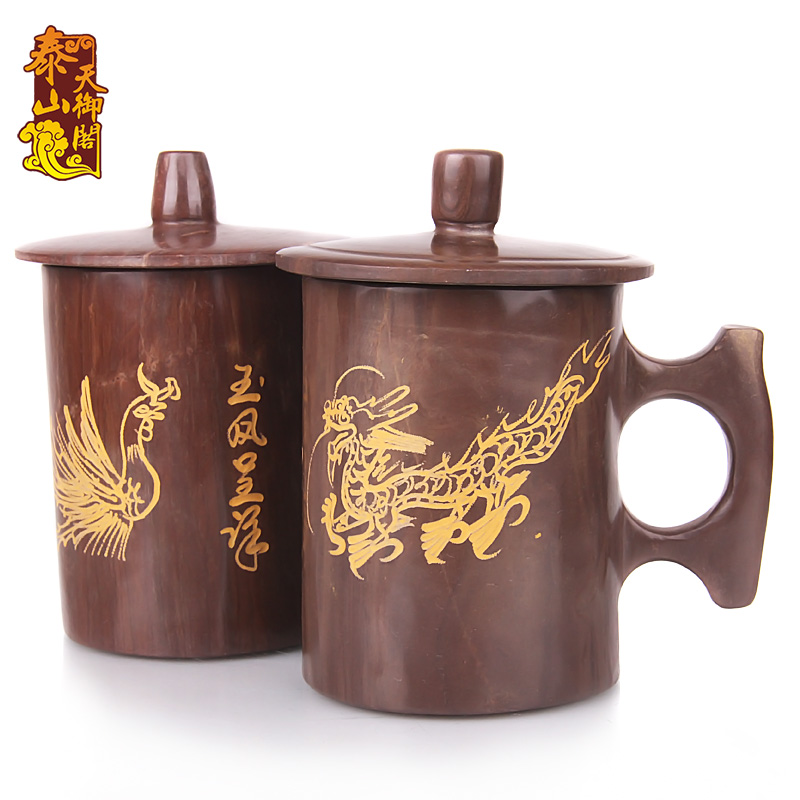天御阁 正品纯天然木鱼石茶杯养生保健茶具杯子 创意带盖情侣对杯