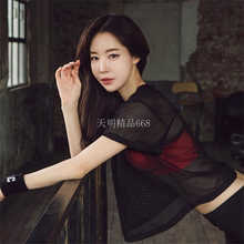 t恤罩衫 跑步运动防晒速干上衣黑网纱女 春夏瑜伽服健身房透明长袖