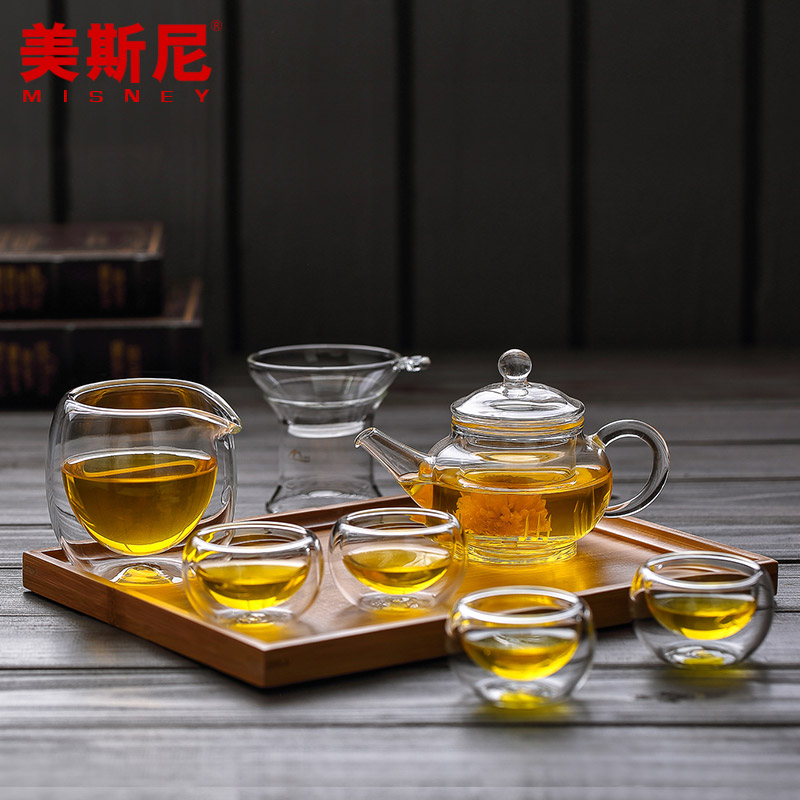 美斯尼竹制茶盘过滤茶壶   整套功夫茶具  耐热玻璃茶具套装