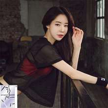 T恤罩衫 跑步运动防晒速干上衣黑网纱女 春夏瑜伽服健身房透明长袖