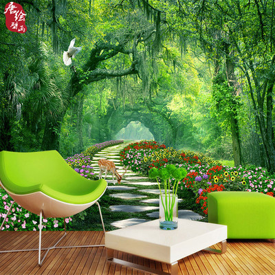 3d立体电视背景墙壁纸绿色树林影视墙纸无缝墙布客厅卧室风景壁画