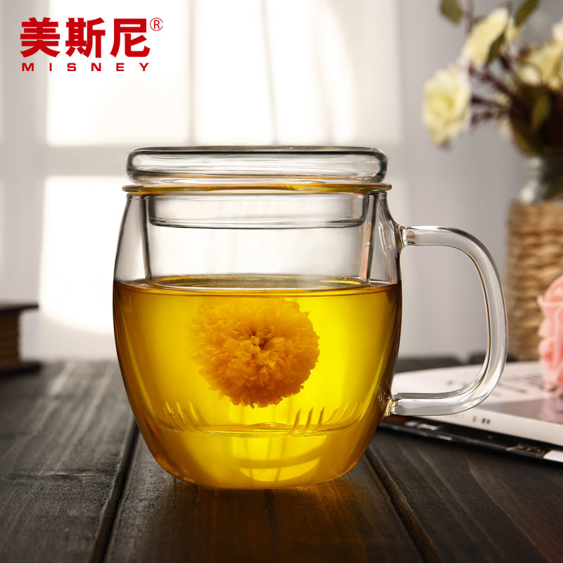美斯尼 玻璃茶杯 加厚透明带盖过滤大泡茶杯 男女可爱圆形花茶杯