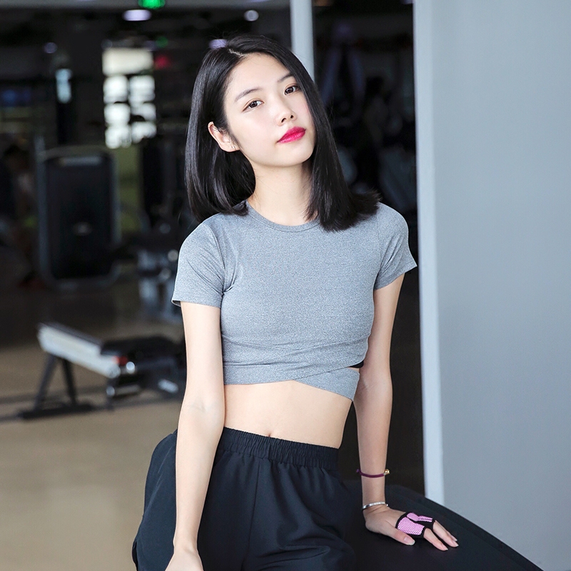 annerun交叉镂空运动紧身衣女短袖跑步健身t恤速干短款露脐瑜伽服