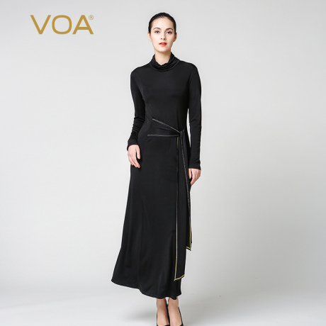 VOA墨黑真丝针织连衣裙中长款长袖淑女修身高弹堆领A7335商品大图