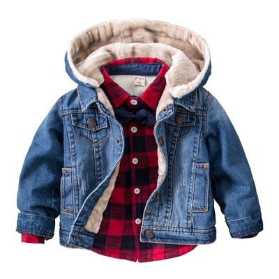 男童加绒牛仔棉服秋冬新款儿童毛绒内里连帽上