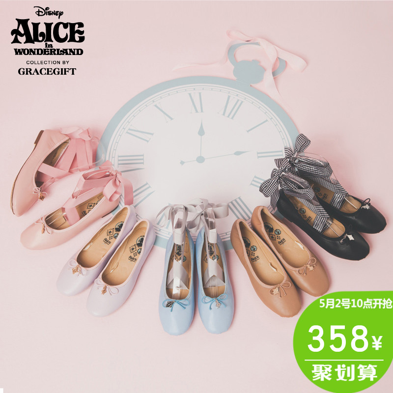 grace gift迪士尼爱丽丝蝴蝶结吊饰绑带两穿平底鞋女方头休闲单鞋