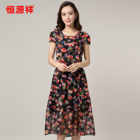 恒源祥女装2017秋夏季长裙休闲真丝圆领桑蚕丝连衣裙中年韩版宽松商品大图