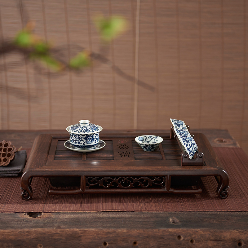 功夫茶具汉唐黑檀实木高档茶盘大号茶托抽屉式储水盛水排水式古典