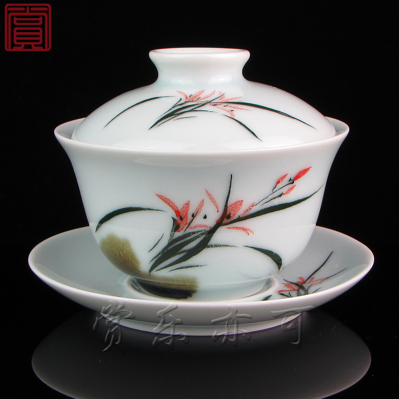 京德茶器贵和祥茶具贵和祥手绘盖碗釉中彩兰花三才盖碗大号大容量