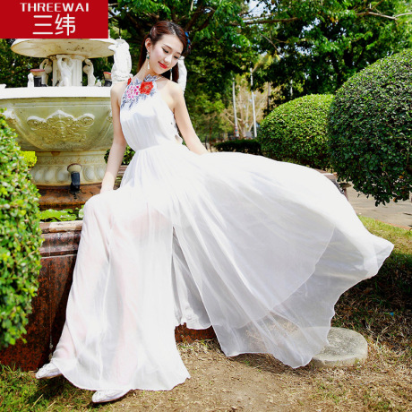三纬真丝长裙素绉缎拼接桑蚕丝连衣裙大裙摆牡丹花刺绣2017夏新款商品大图